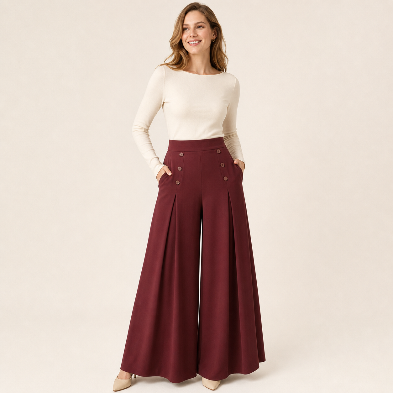 Burgundy women's high waist wide leg palazzo pants