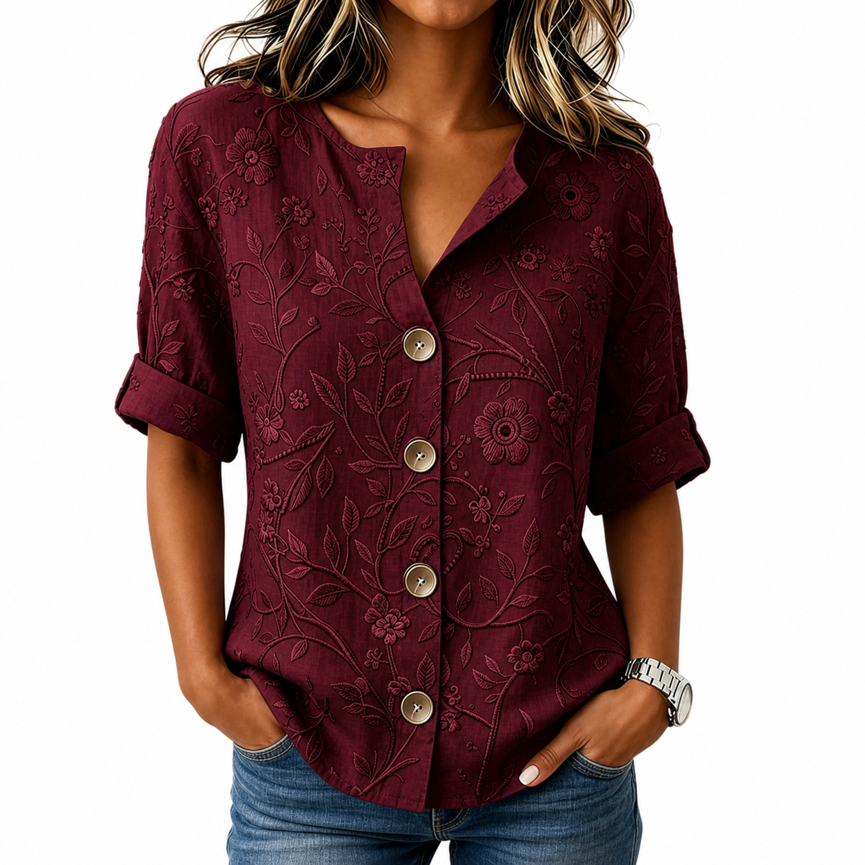Burgundy women's embossed floral button shirt