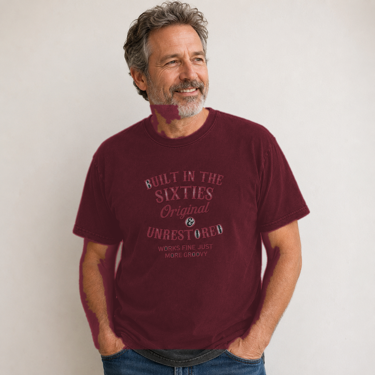 Burgundy men's vintage washed graphic tee model