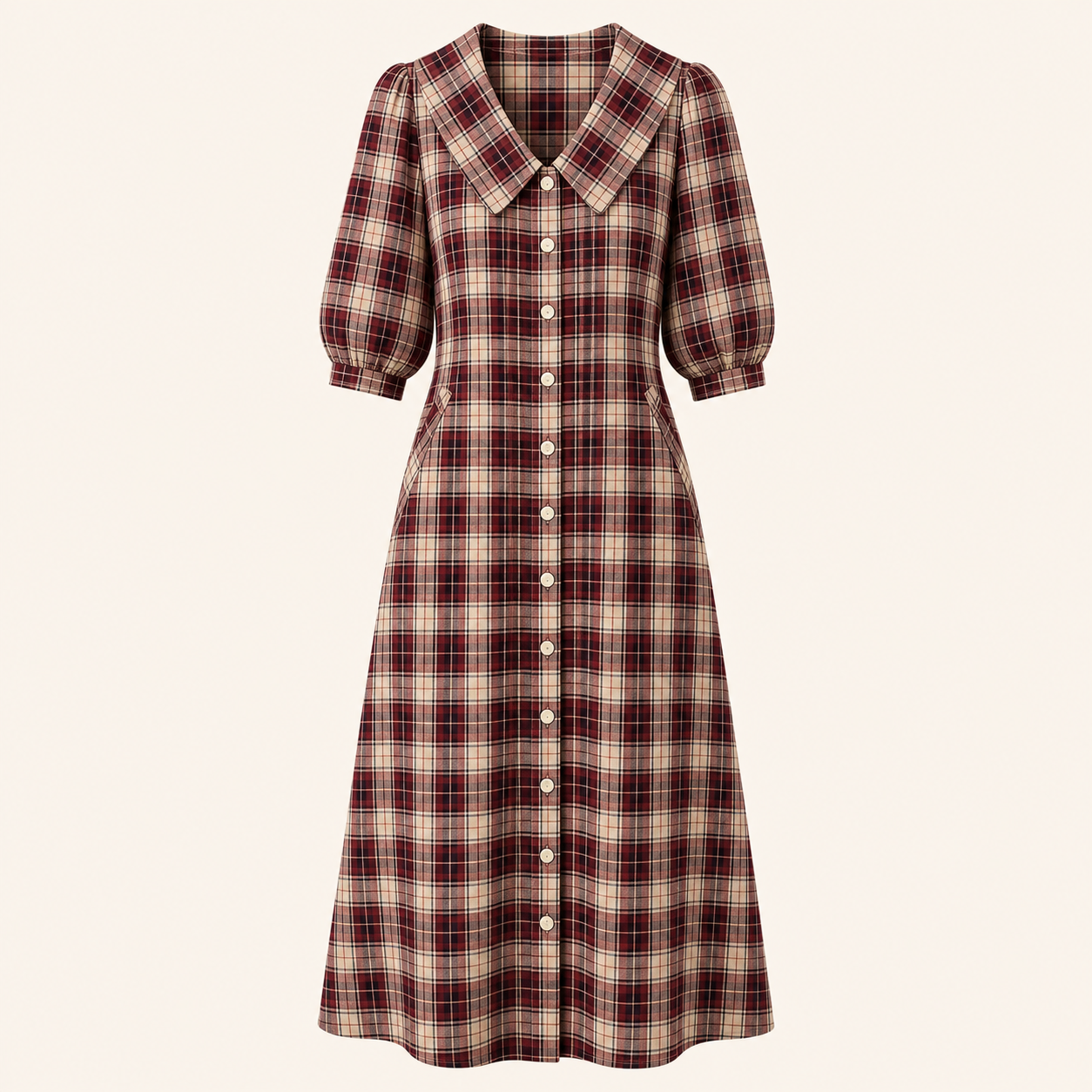 Burgundy Plaid women's plaid button-front midi dress