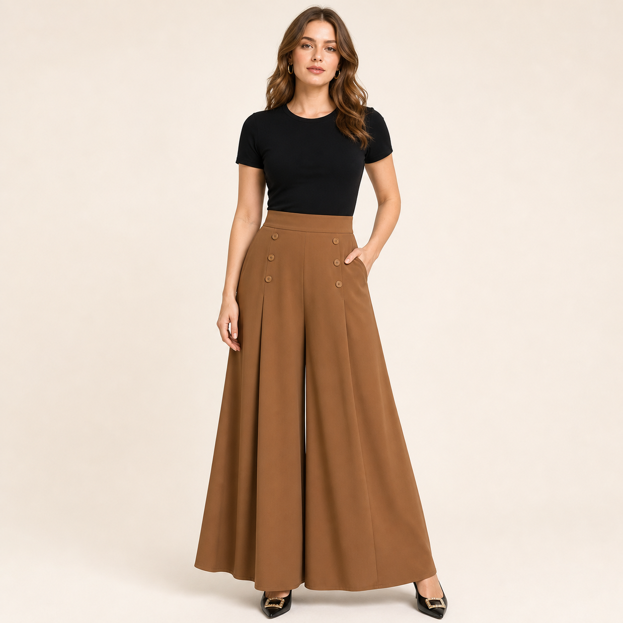 Camel women's high waist wide leg palazzo pants