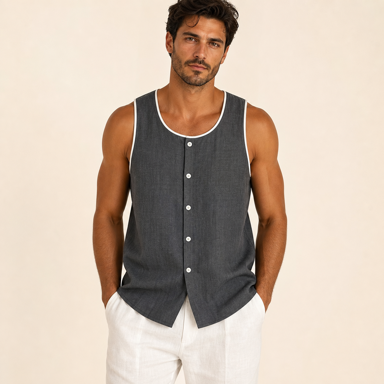 Charcoal men's sleeveless button tank top