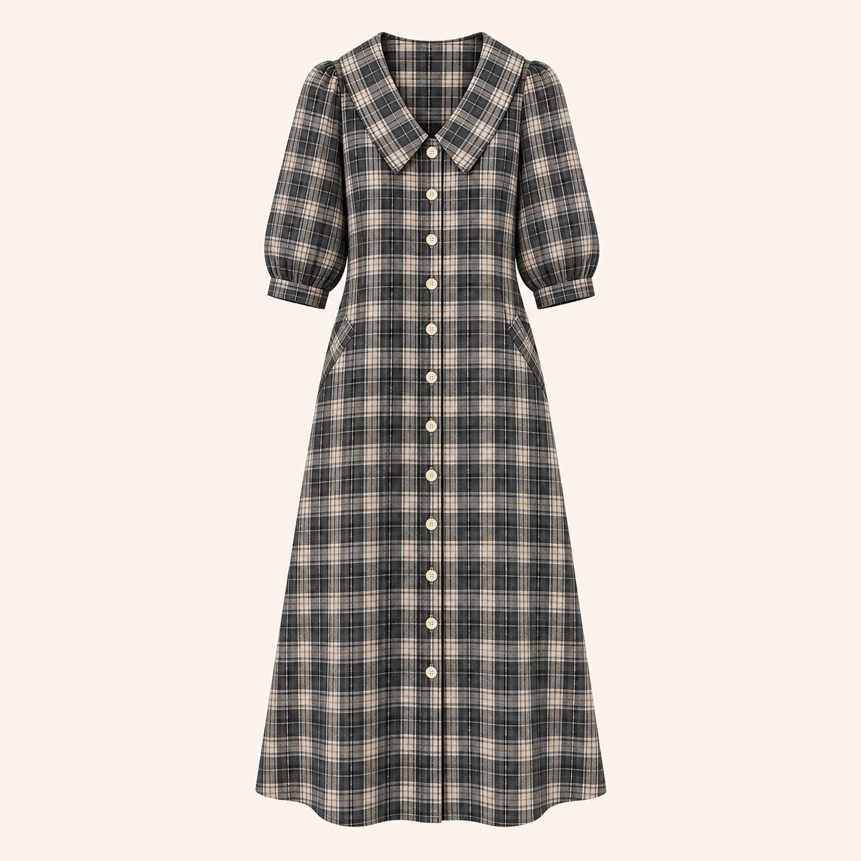 Charcoal Plaid women's plaid button-front midi dress