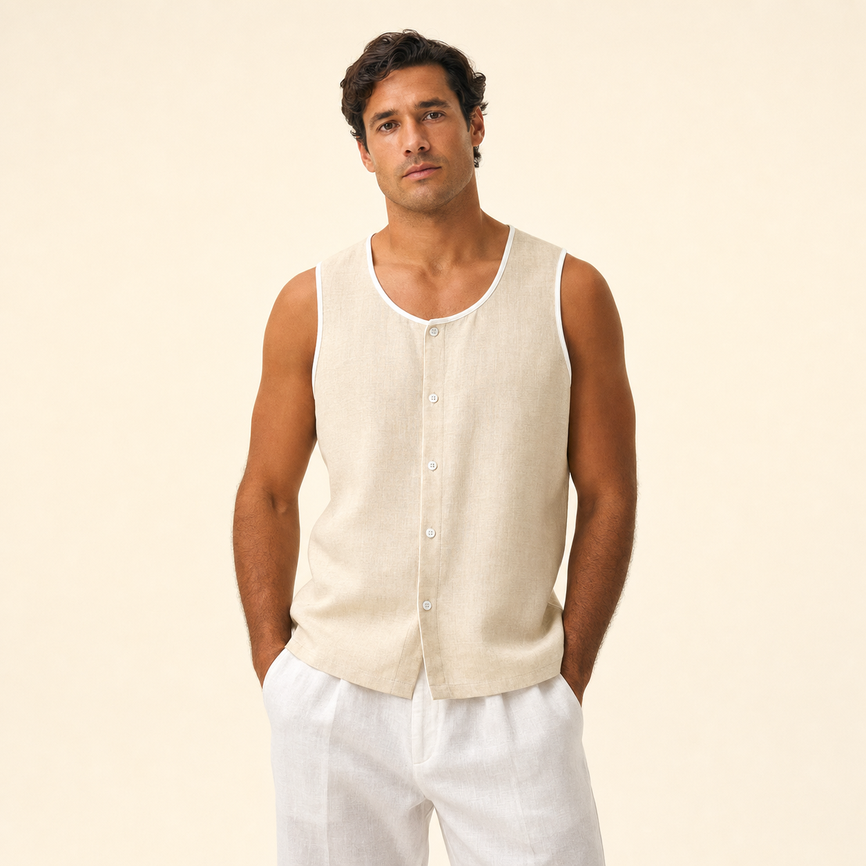 Cream men's sleeveless button tank top
