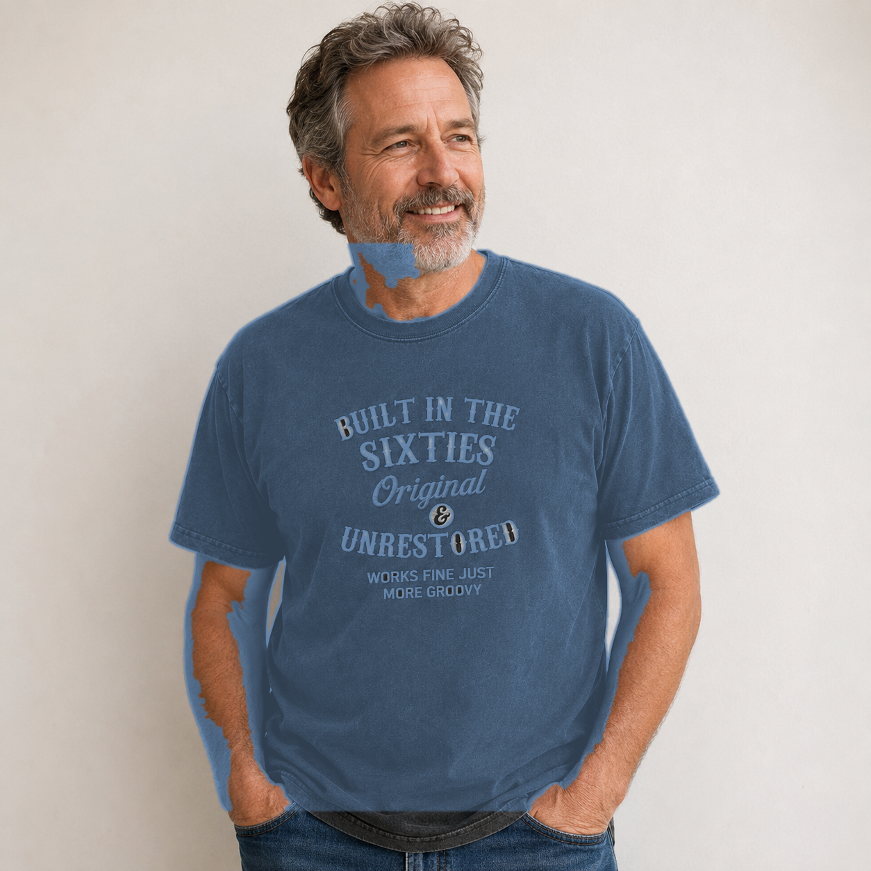 Dusty Blue men's vintage washed graphic tee model