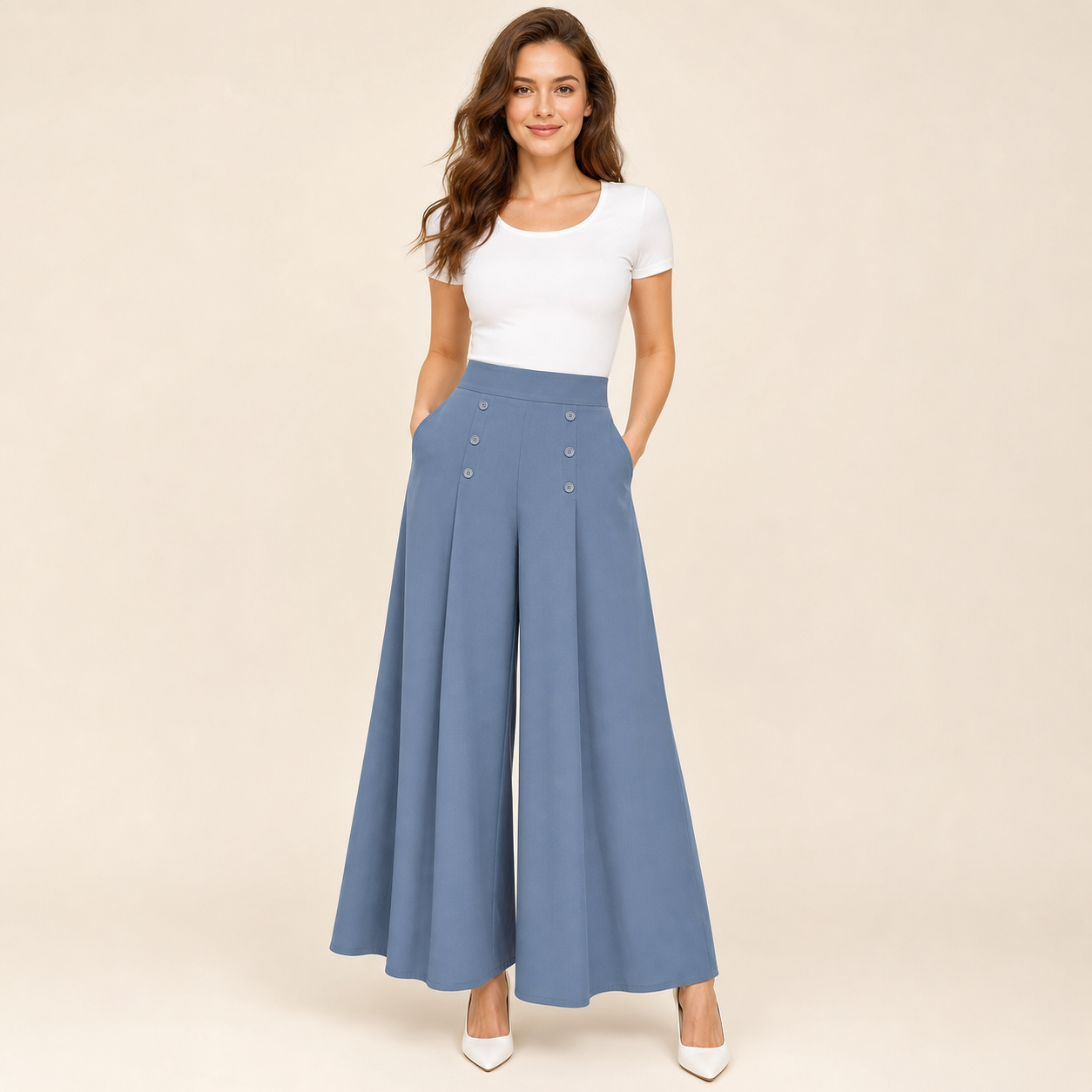 Dusty Blue women's high waist wide leg palazzo pants