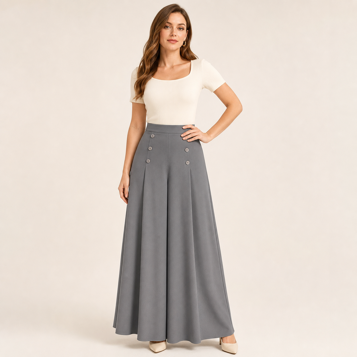 Gray women's high waist wide leg palazzo pants