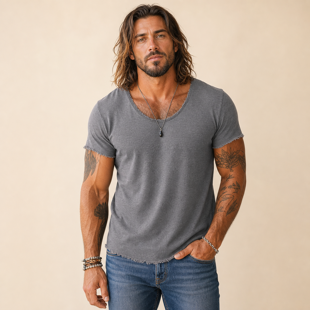 Gray men's distressed raw-edge V-neck tee