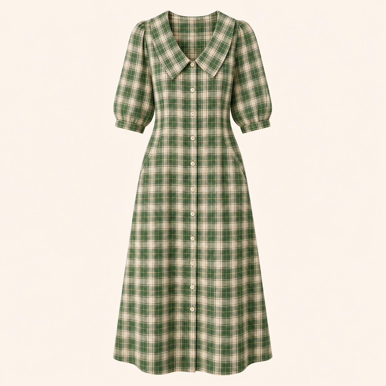 Green Plaid women's plaid button-front midi dress