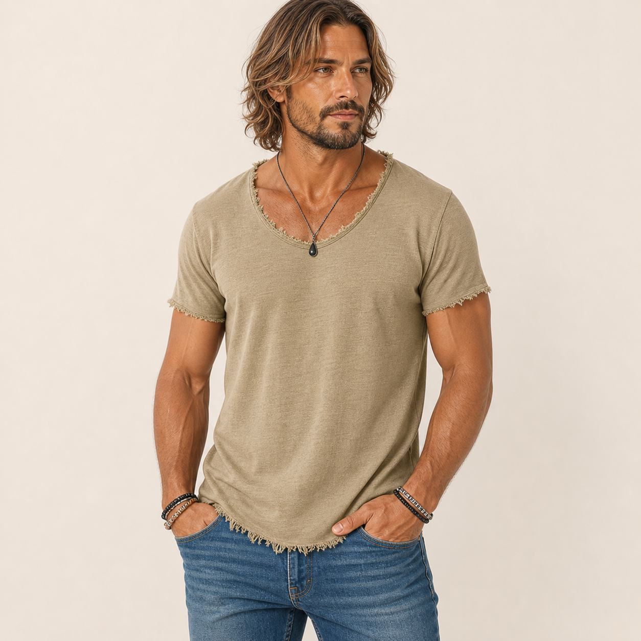 Khaki men's distressed raw-edge V-neck tee