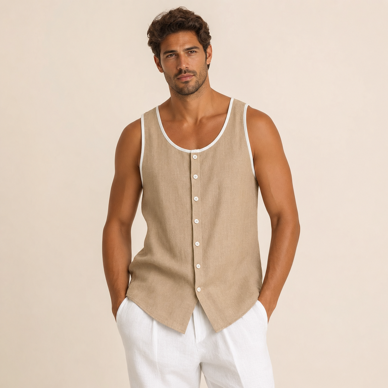 Khaki men's sleeveless button tank top