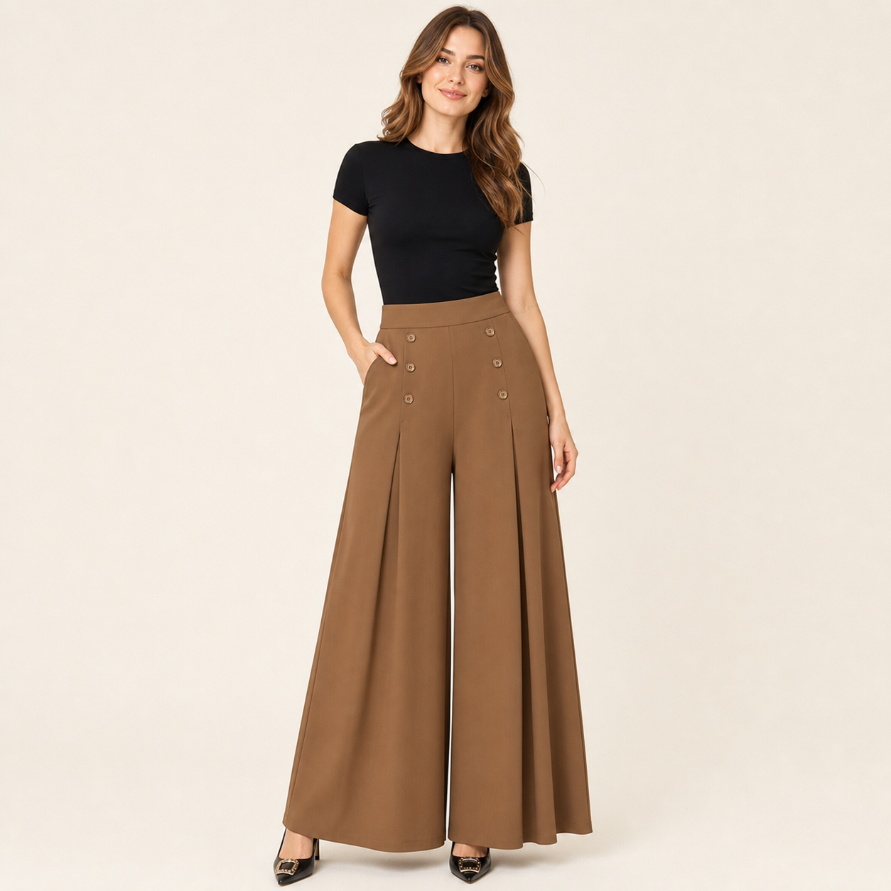 Khaki women's high waist wide leg palazzo pants
