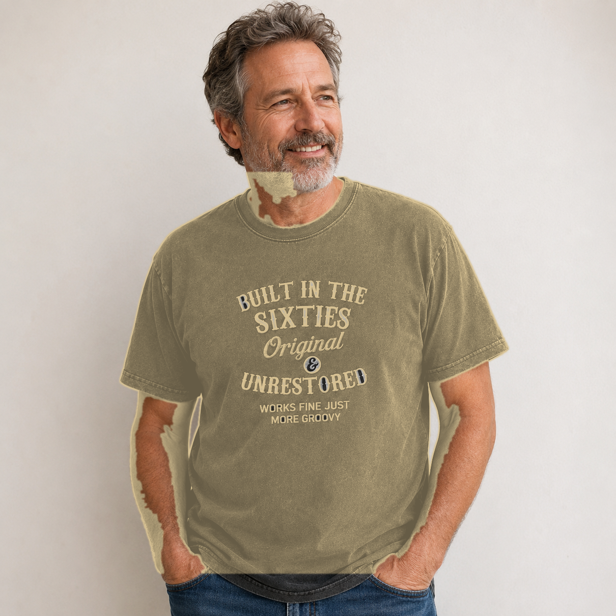 Khaki men's vintage washed graphic tee model