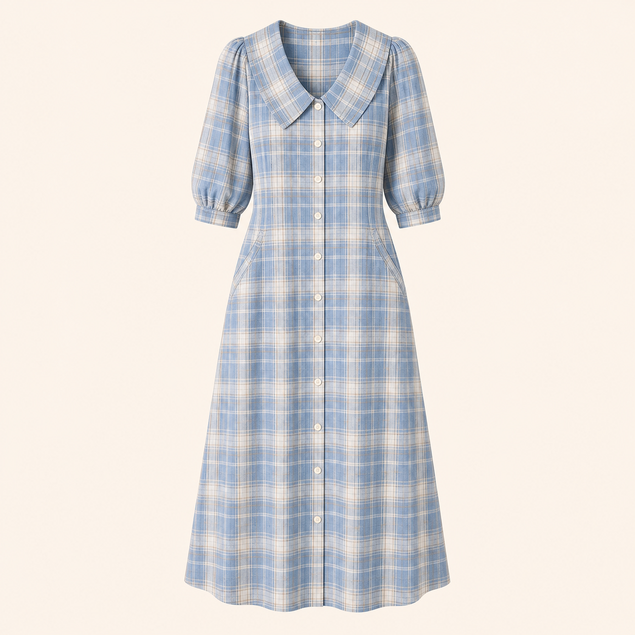 Light Blue Plaid women's plaid button-front midi dress