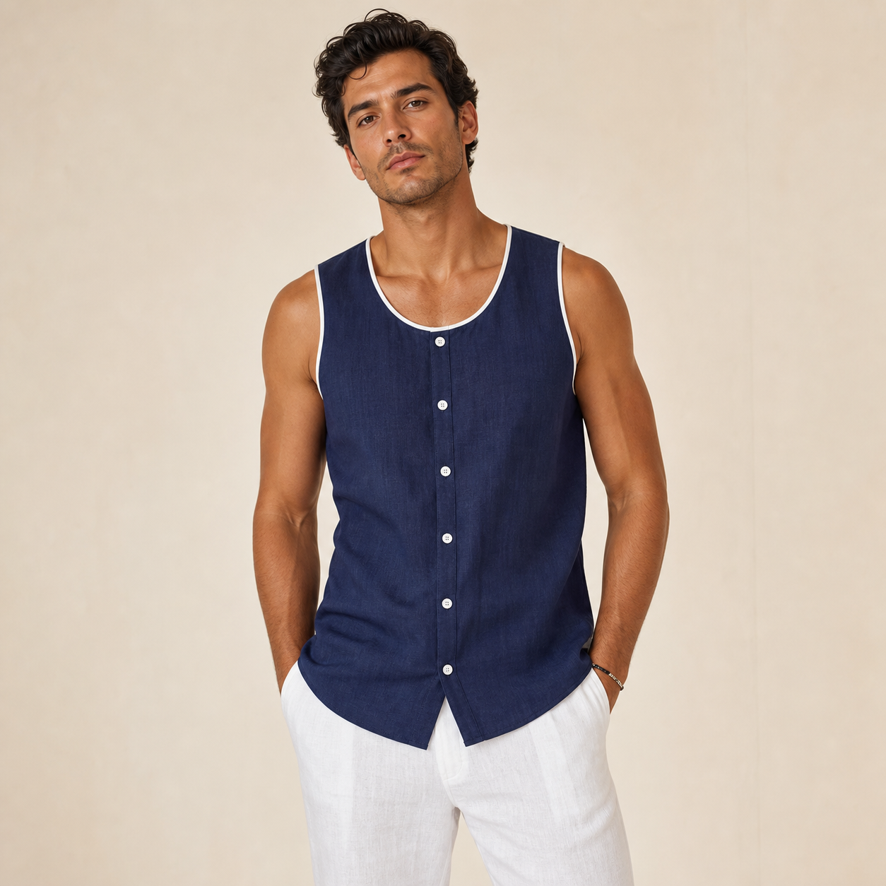 Navy men's sleeveless button tank top
