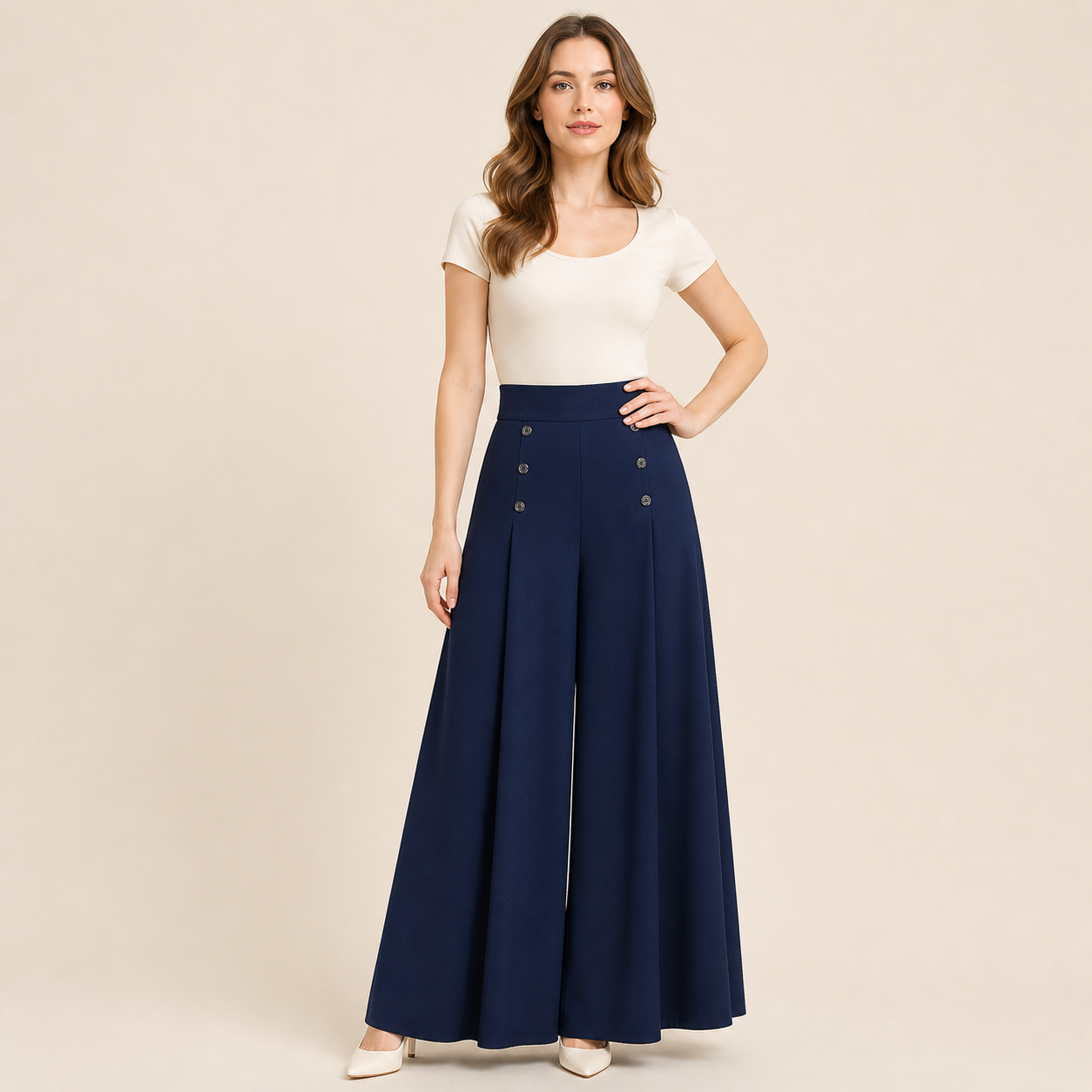 Navy women's high waist wide leg palazzo pants