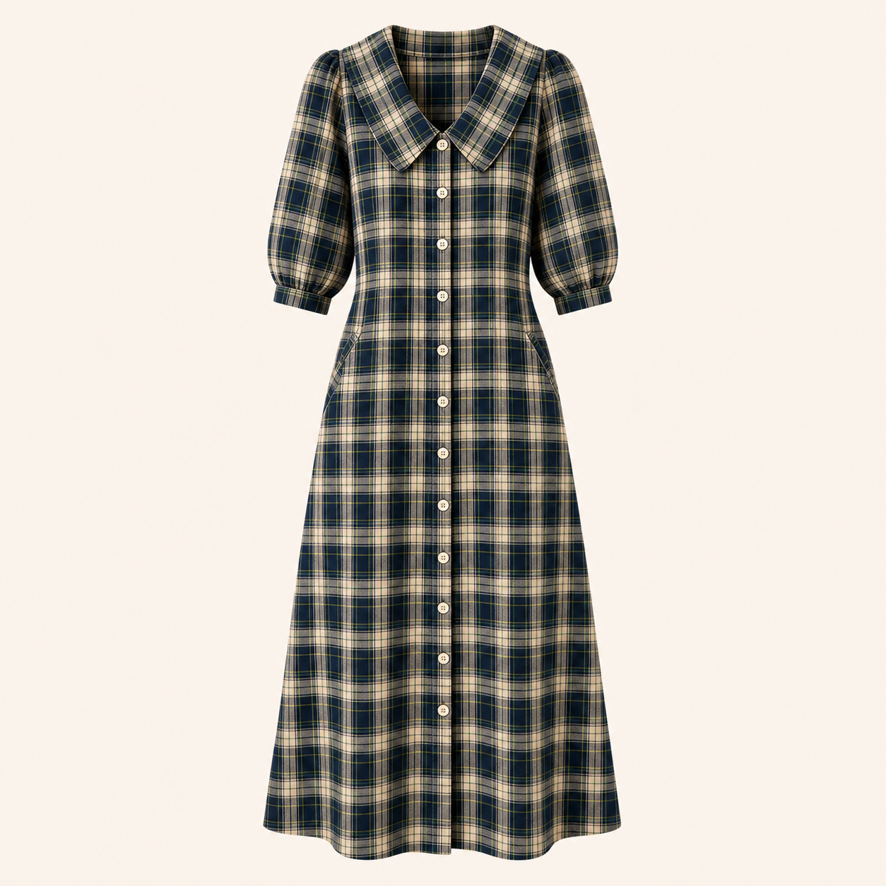 Navy Plaid women's plaid button-front midi dress