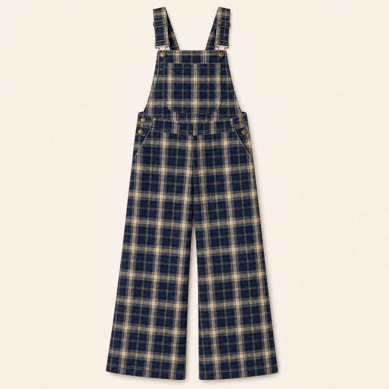 Navy Plaid women's plaid wide-leg overall jumpsuit clear variant image