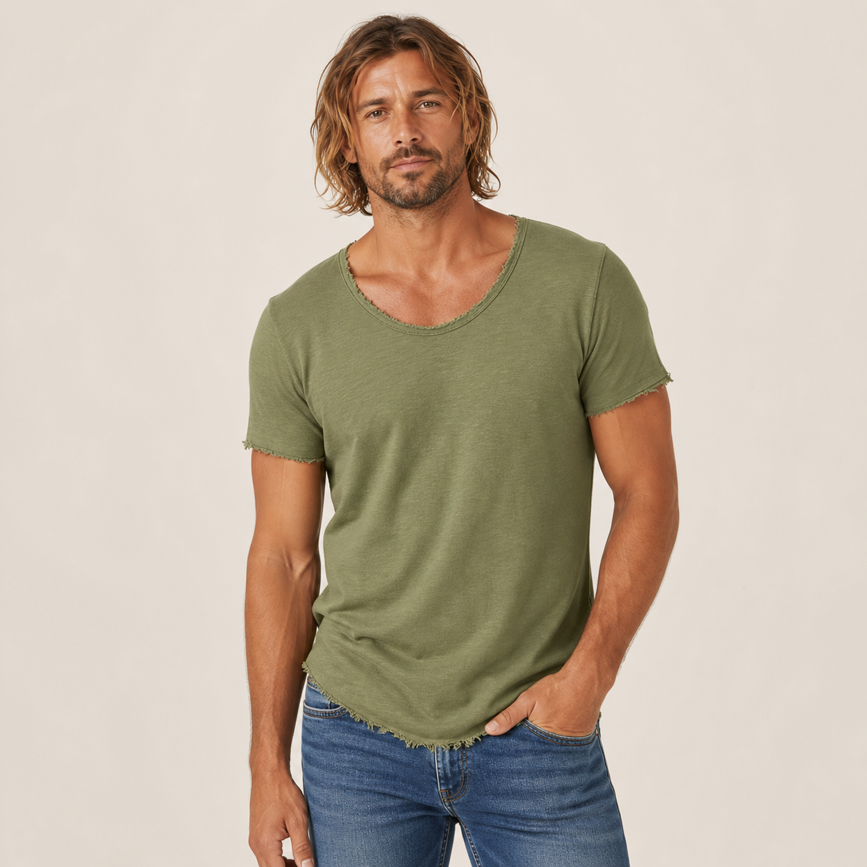 Olive men's distressed raw-edge V-neck tee