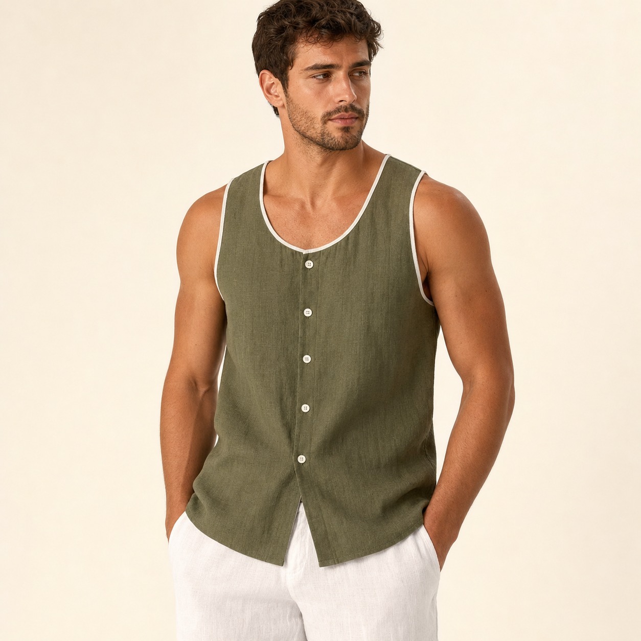 Olive men's sleeveless button tank top