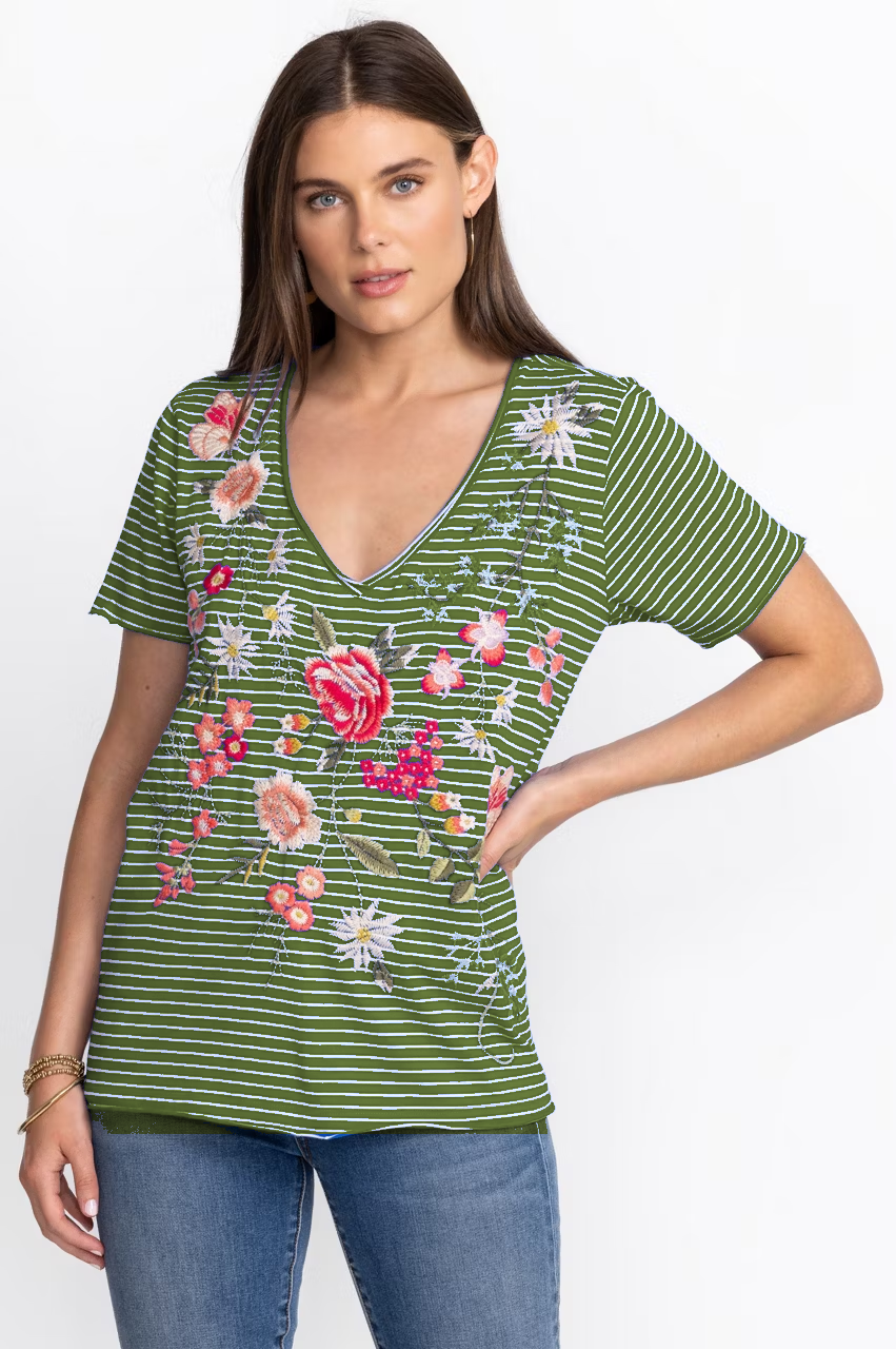 Olive Green women's striped floral V-neck top model