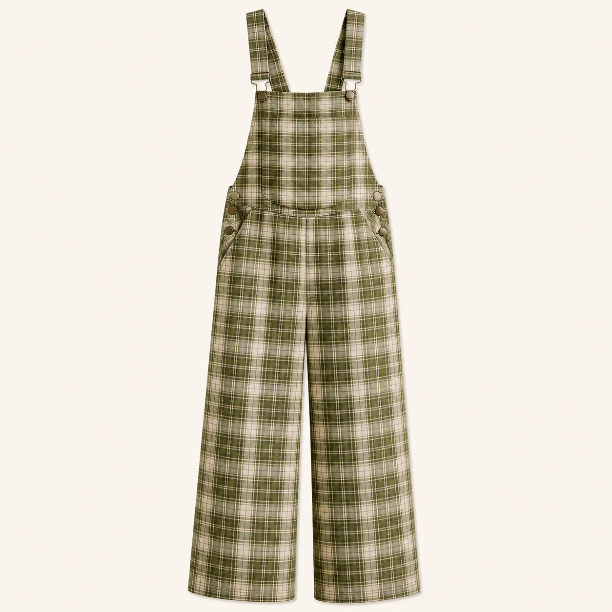 Olive Plaid women's plaid wide-leg overall jumpsuit clear variant image