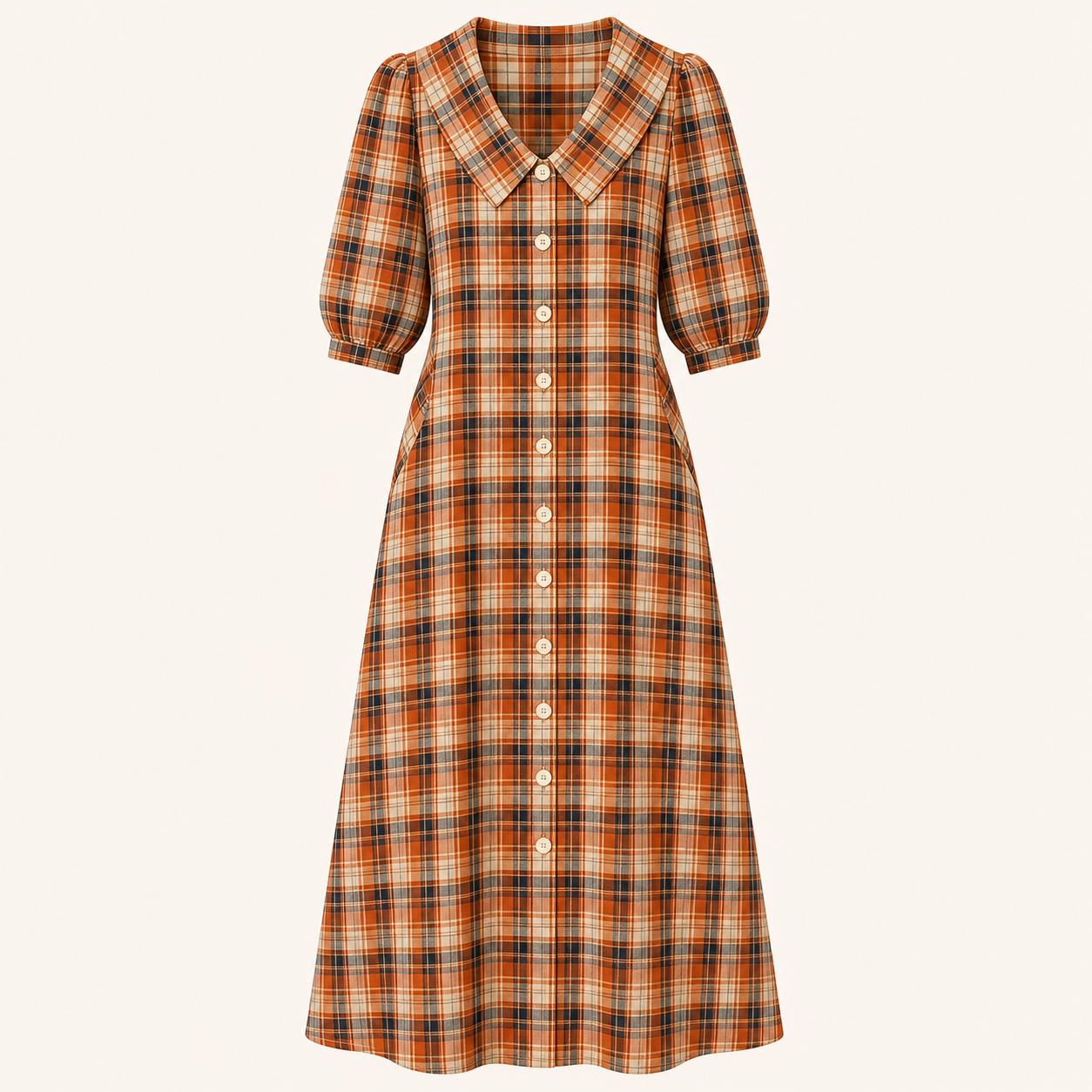 Orange Plaid women's plaid button-front midi dress