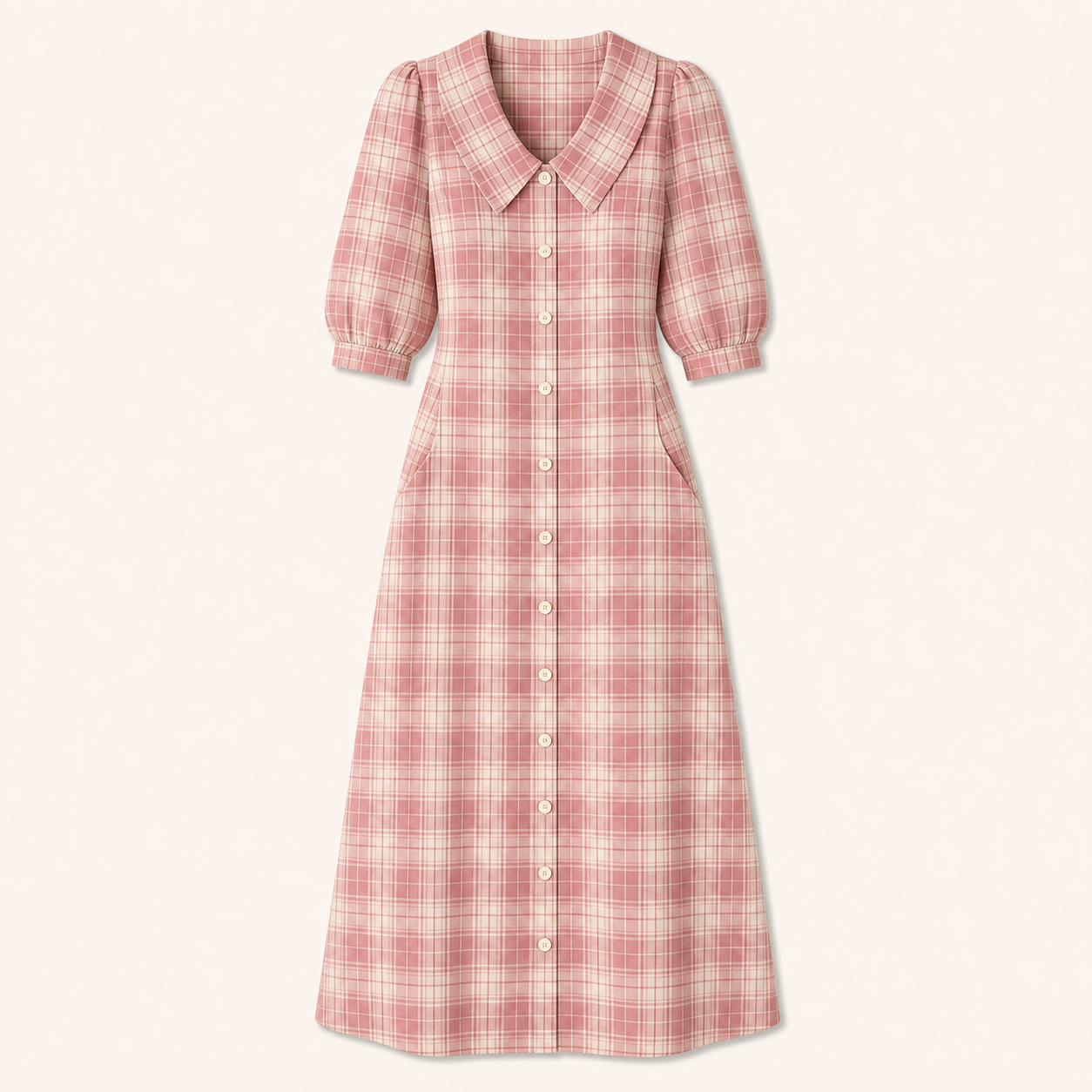 Pink Plaid women's plaid button-front midi dress