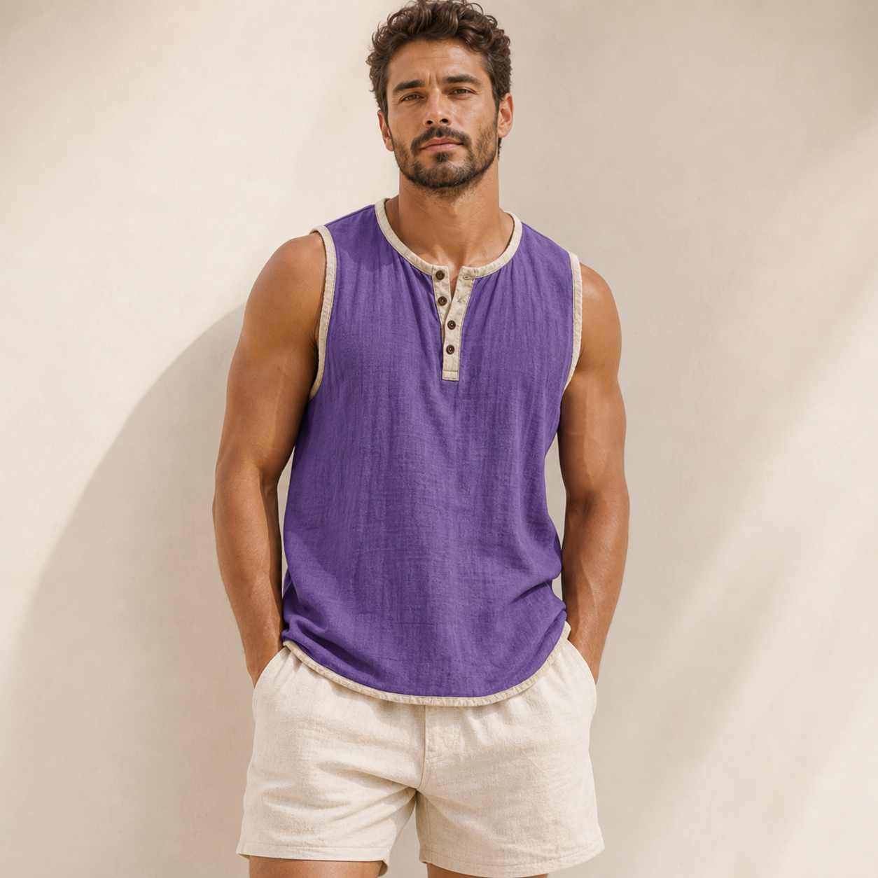 Purple men's sleeveless henley tank top