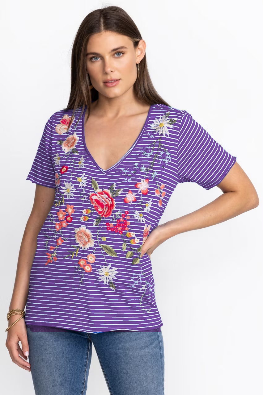 Purple women's striped floral V-neck top model