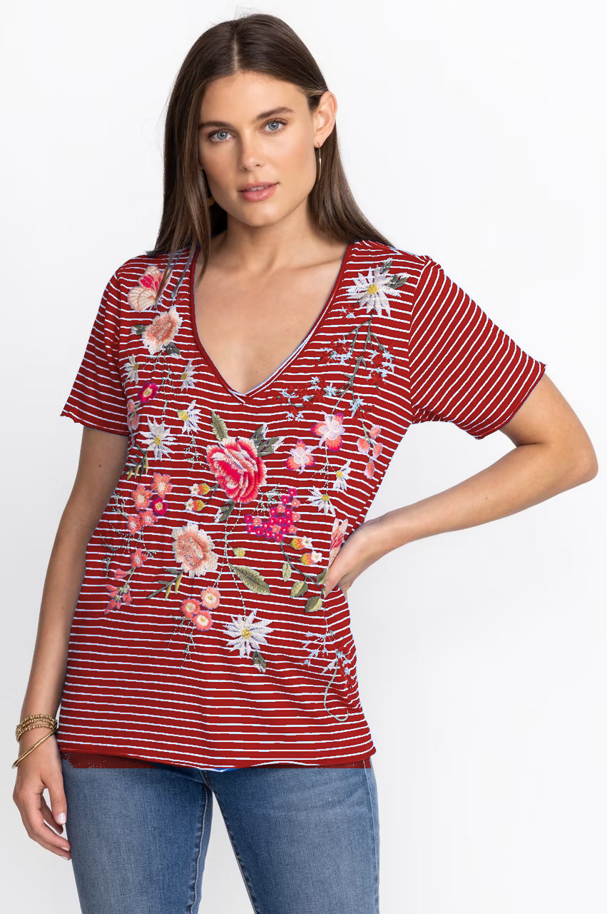 Red women's striped floral V-neck top model