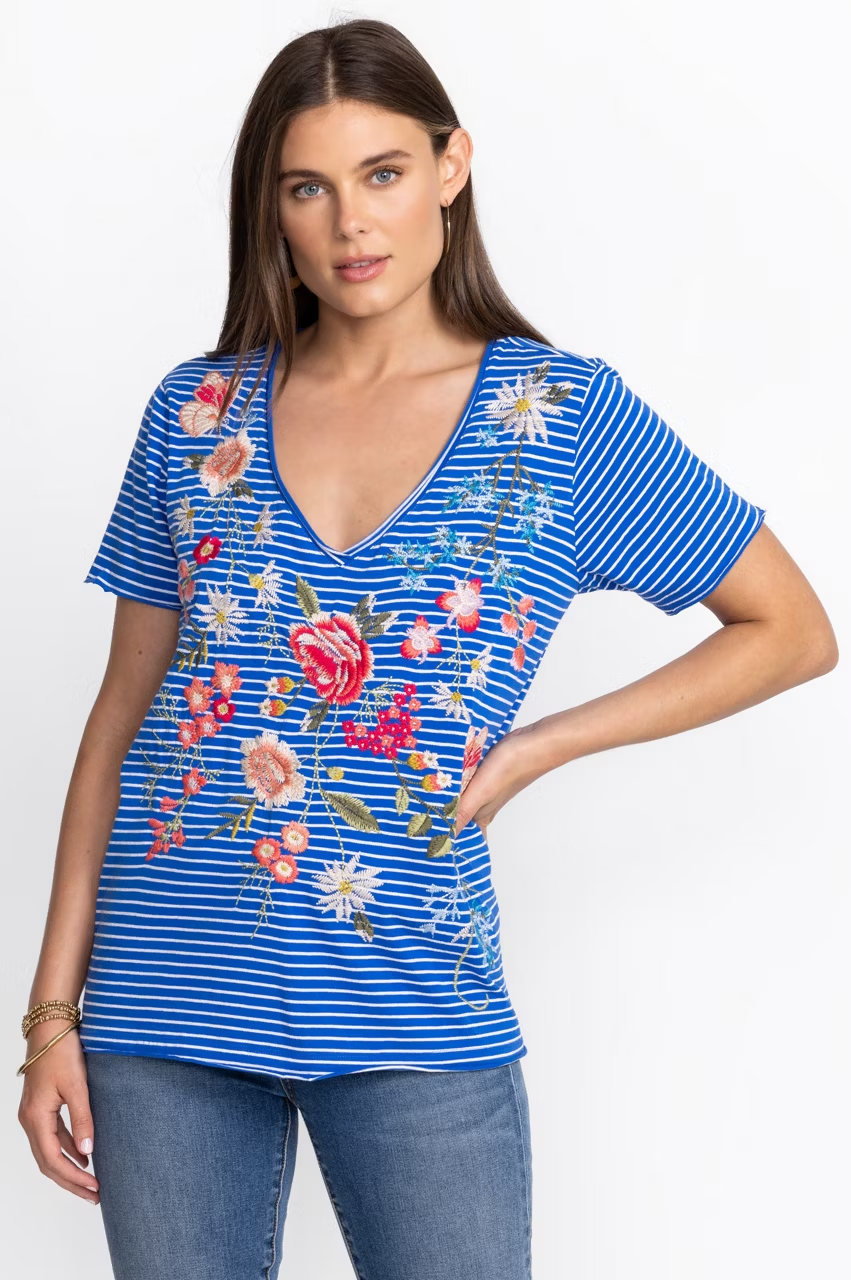 Royal Blue women's striped floral V-neck top model
