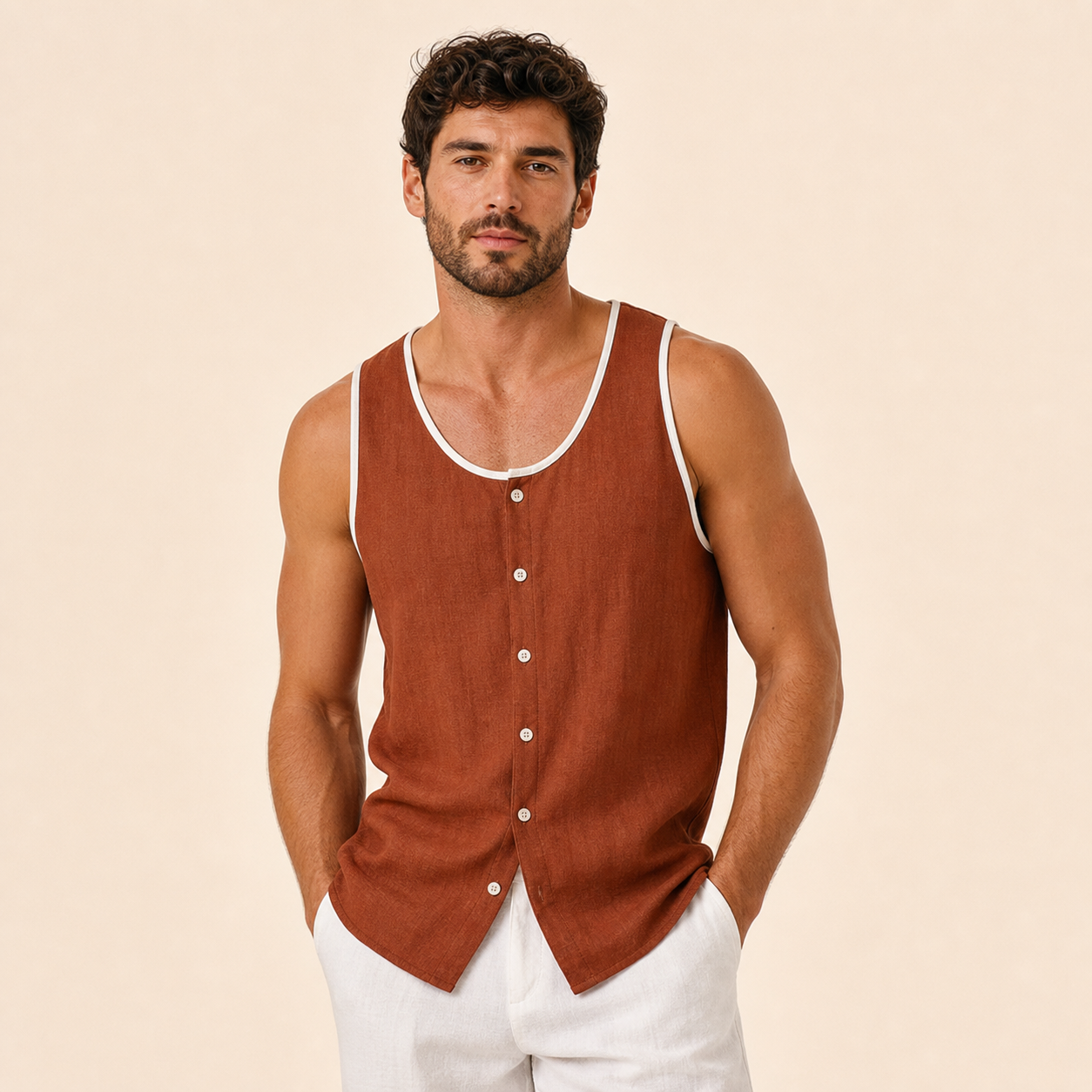 Rust men's sleeveless button tank top
