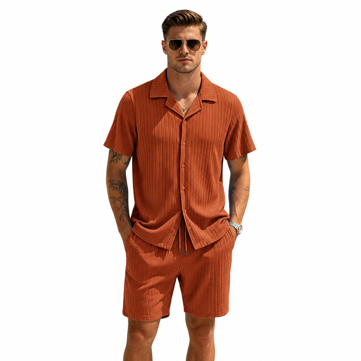 Rust men's ribbed shirt and shorts set