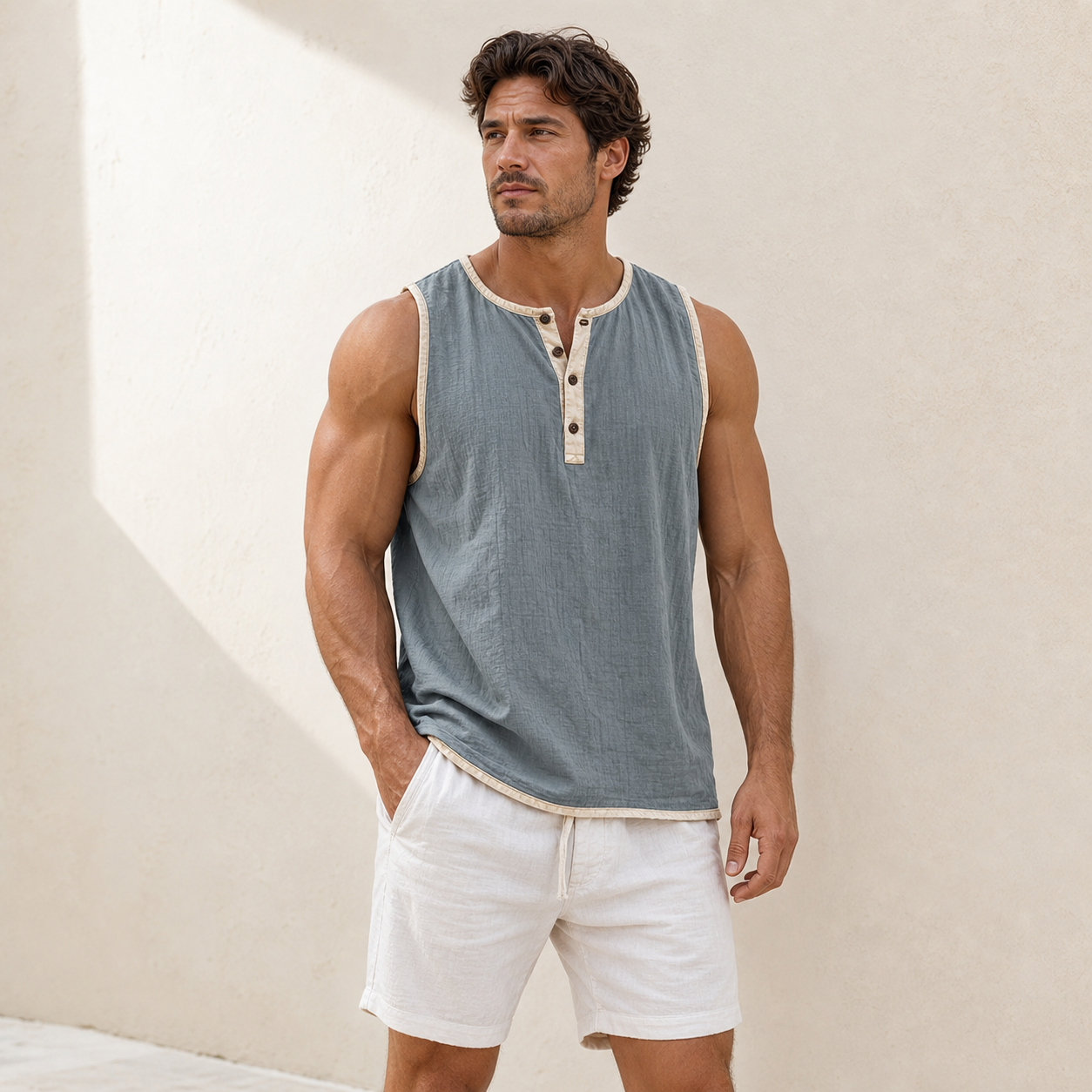 Slate Blue men's sleeveless henley tank top