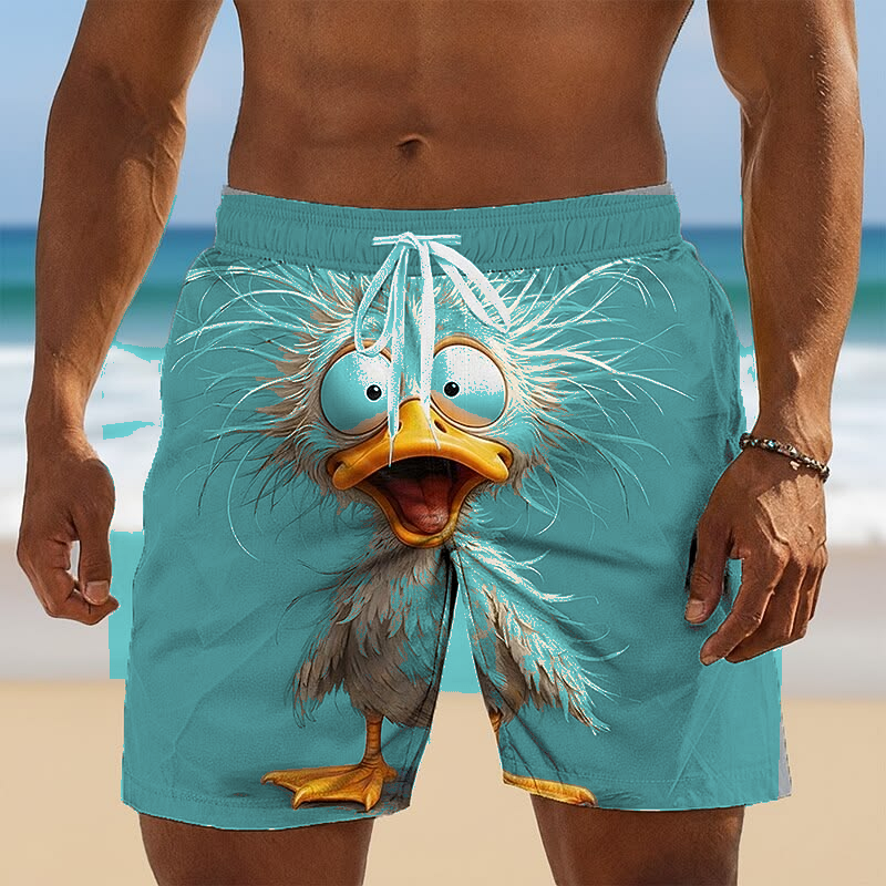 Teal Bird Print men's novelty bird print beach shorts