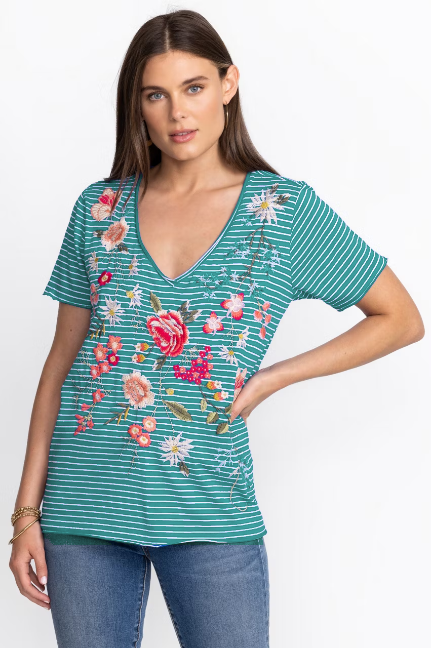Teal women's striped floral V-neck top model