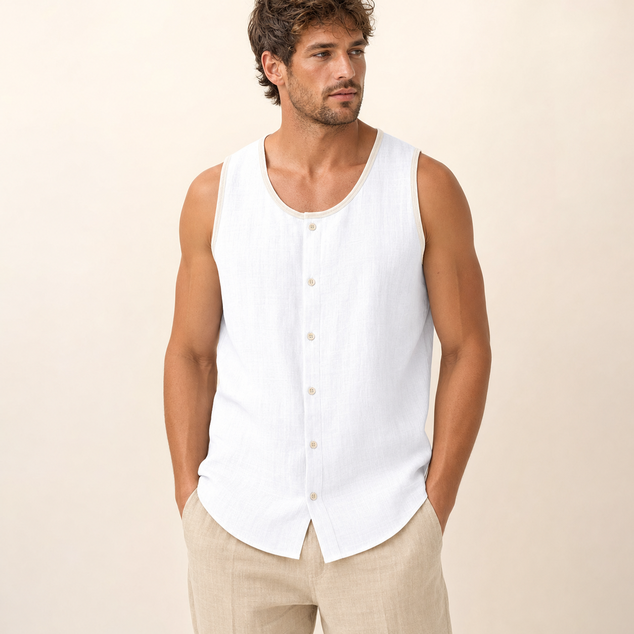 White men's sleeveless button tank top