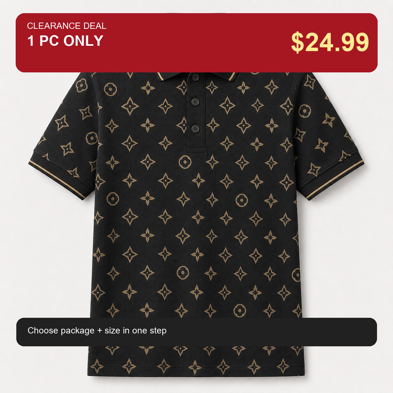 🔥CLEARANCE SALE🔥 Geometric Monogram Print Polo Shirt - Black Gold / 1 PC ONLY $24.99
