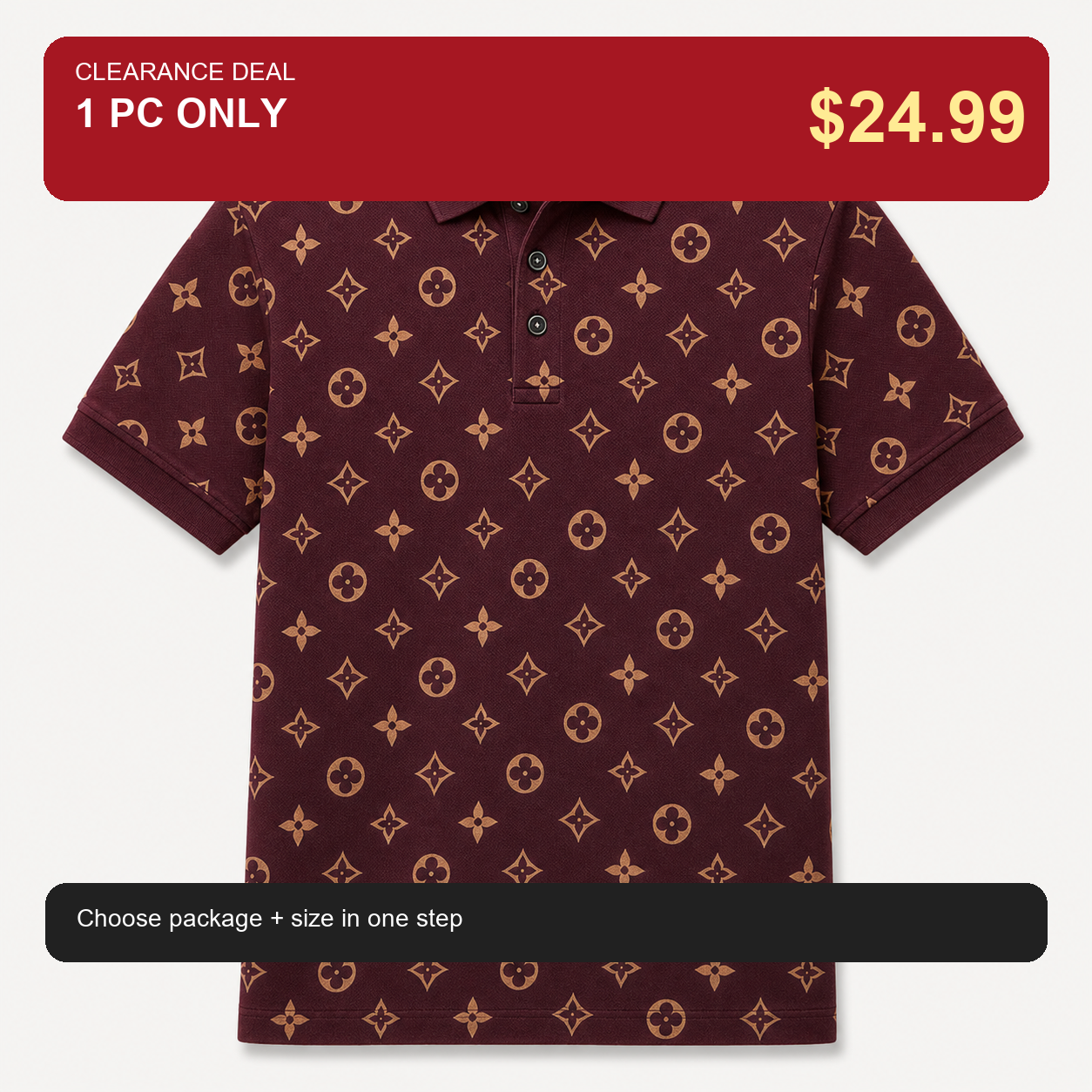 🔥CLEARANCE SALE🔥 Geometric Monogram Print Polo Shirt - Burgundy Wine / 1 PC ONLY $24.99