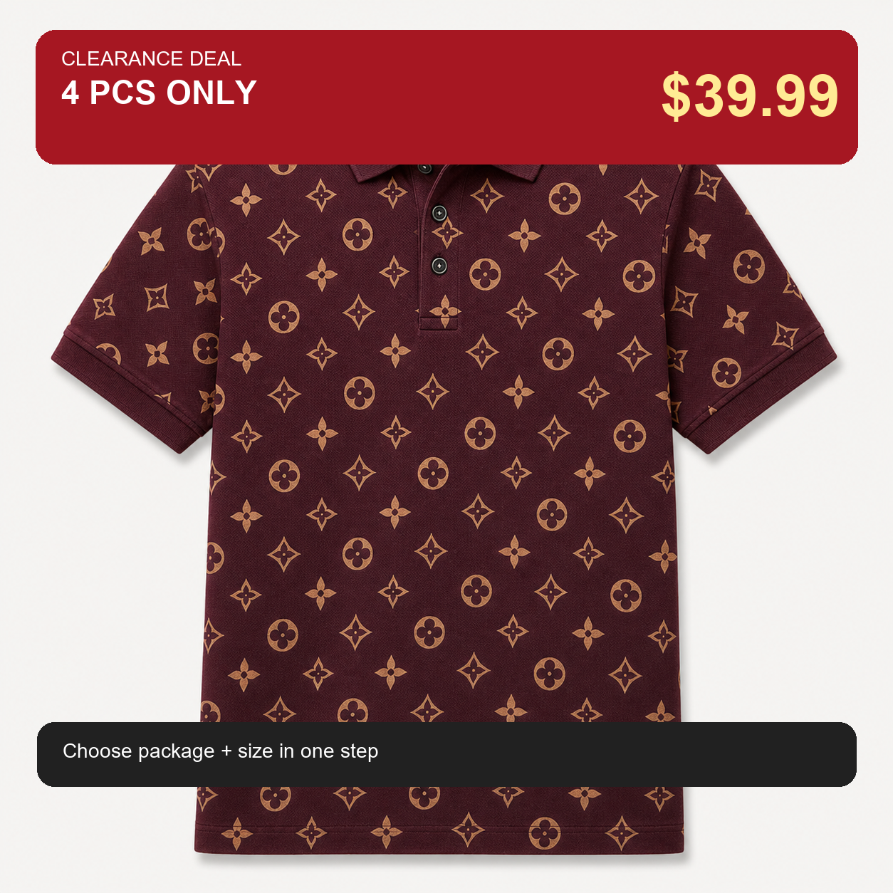 🔥CLEARANCE SALE🔥 Geometric Monogram Print Polo Shirt - Burgundy Wine / 4 PCS ONLY $39.99