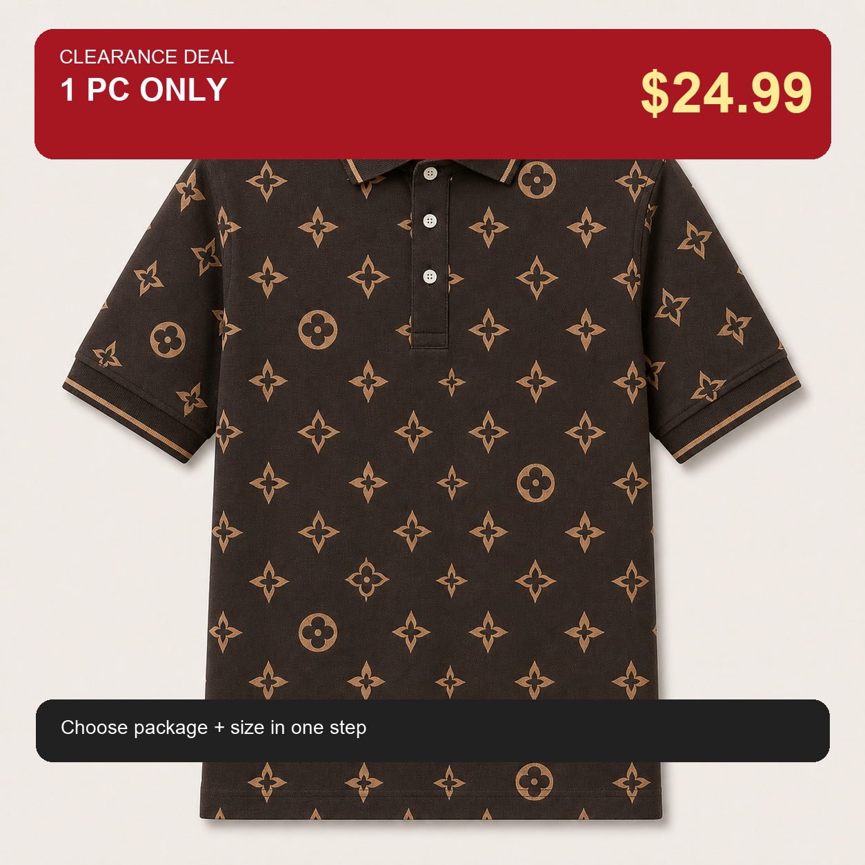 🔥CLEARANCE SALE🔥 Geometric Monogram Print Polo Shirt - Coffee Brown / 1 PC ONLY $24.99