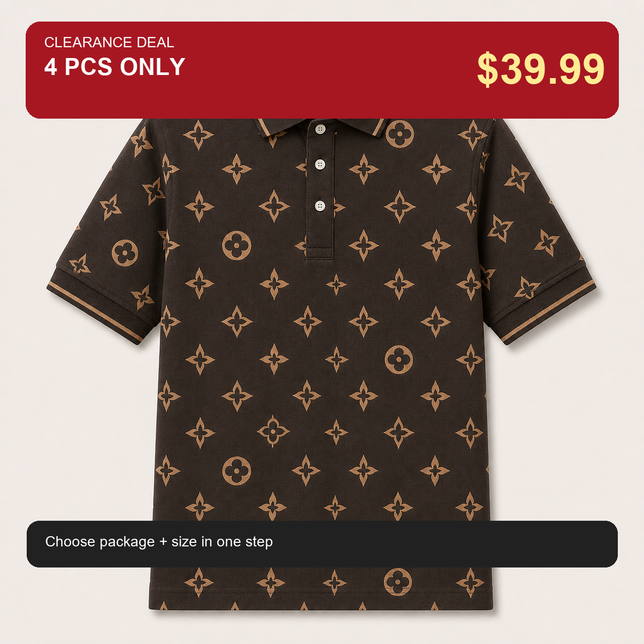 🔥CLEARANCE SALE🔥 Geometric Monogram Print Polo Shirt - Coffee Brown / 4 PCS ONLY $39.99