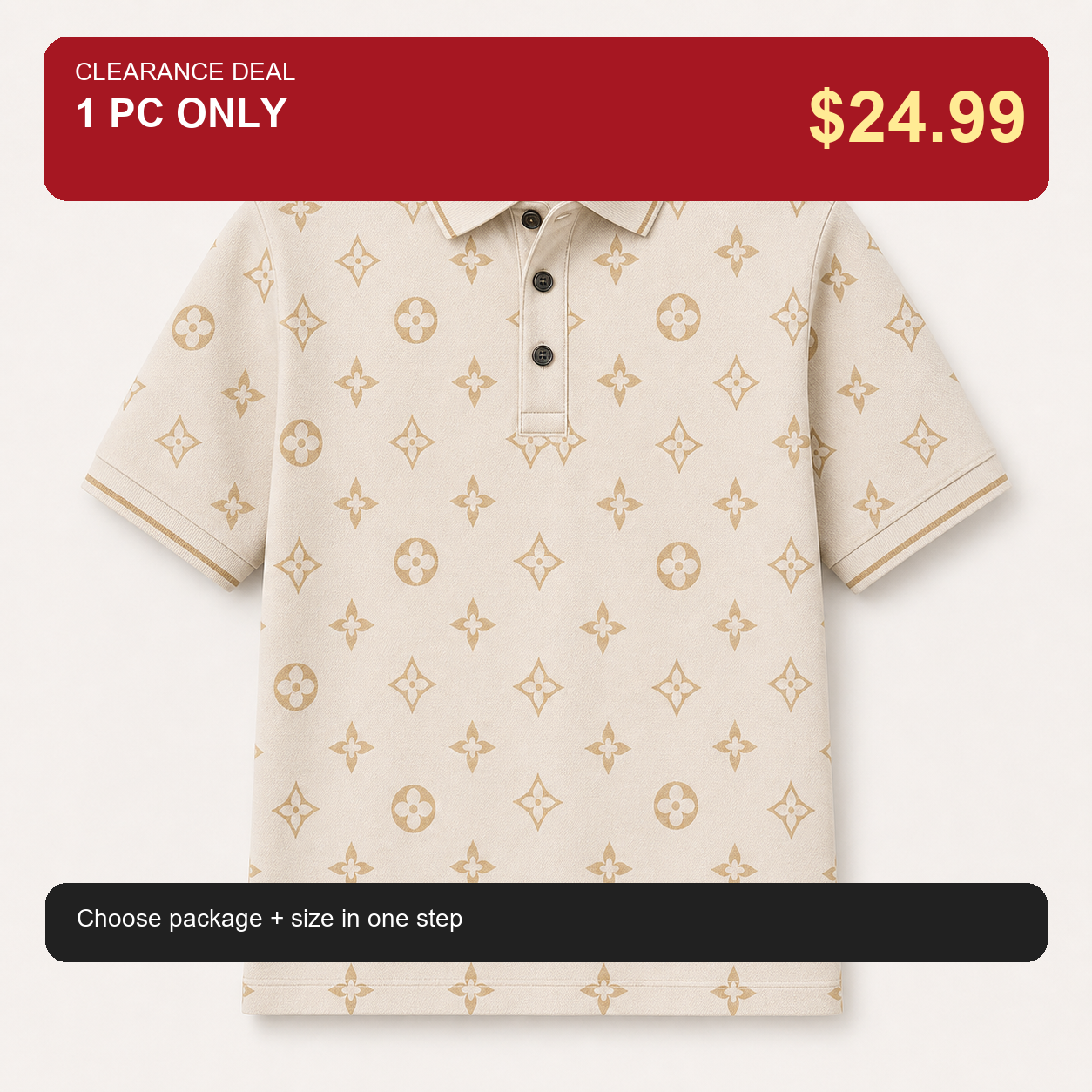 🔥CLEARANCE SALE🔥 Geometric Monogram Print Polo Shirt - Cream Beige / 1 PC ONLY $24.99