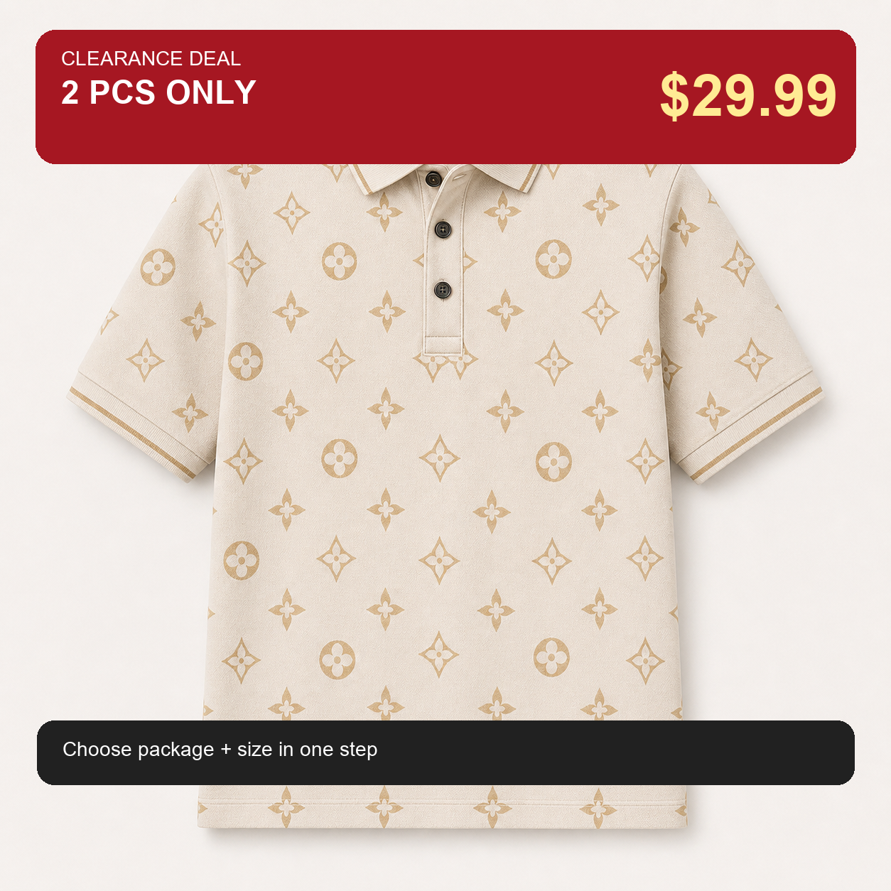 🔥CLEARANCE SALE🔥 Geometric Monogram Print Polo Shirt - Cream Beige / 2 PCS ONLY $29.99