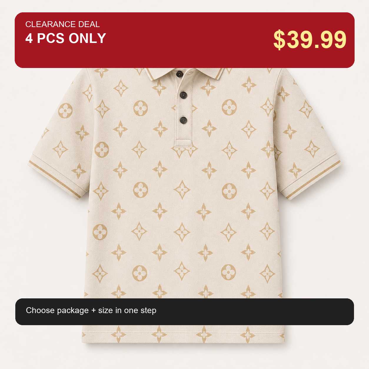 🔥CLEARANCE SALE🔥 Geometric Monogram Print Polo Shirt - Cream Beige / 4 PCS ONLY $39.99