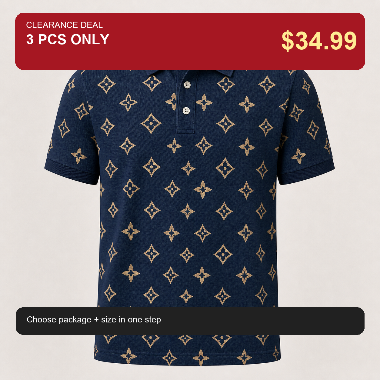🔥CLEARANCE SALE🔥 Geometric Monogram Print Polo Shirt - Navy Blue / 3 PCS ONLY $34.99