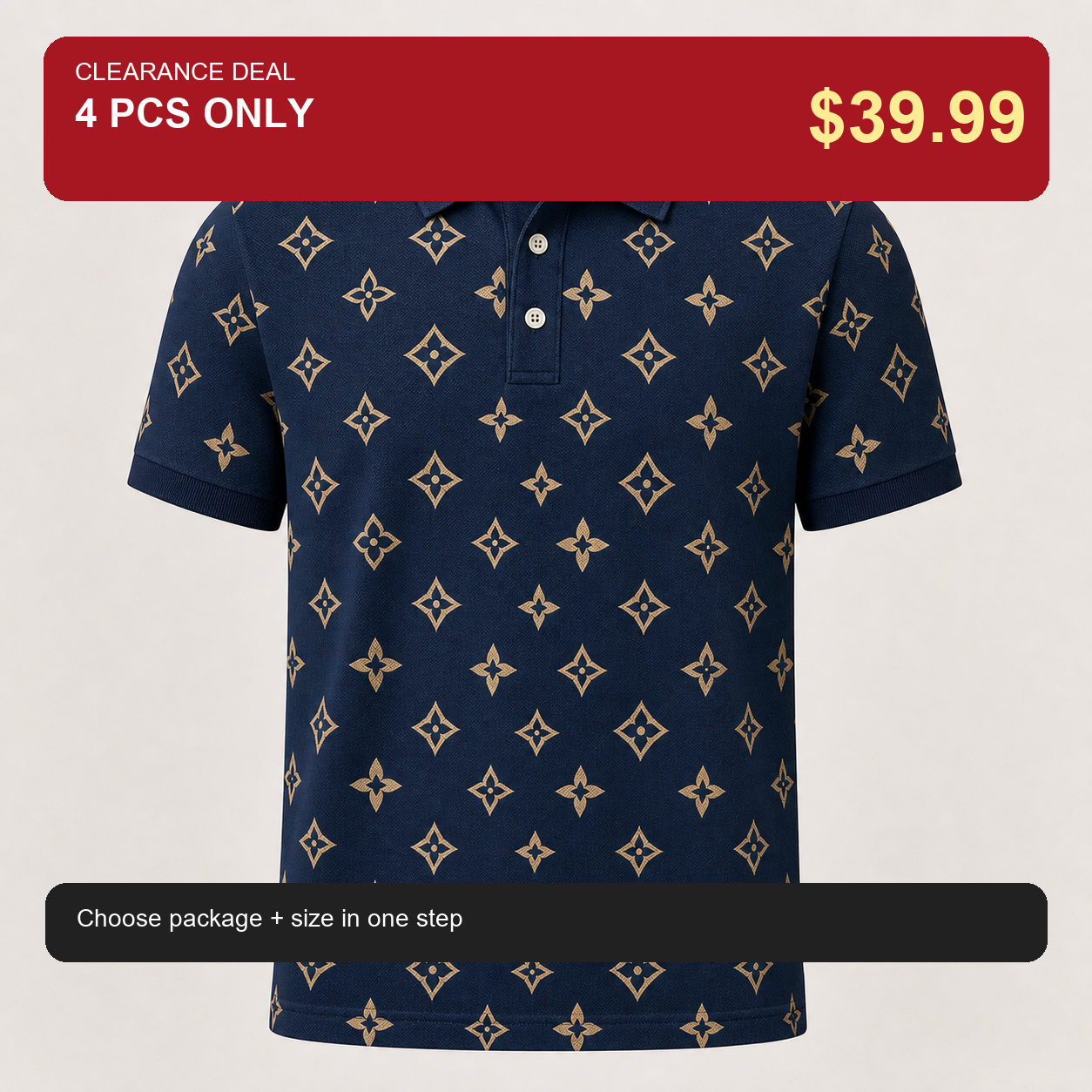 🔥CLEARANCE SALE🔥 Geometric Monogram Print Polo Shirt - Navy Blue / 4 PCS ONLY $39.99