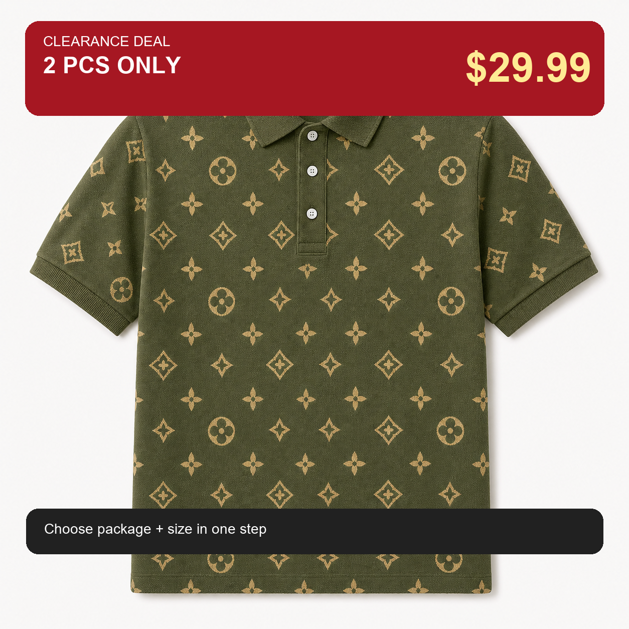 🔥CLEARANCE SALE🔥 Geometric Monogram Print Polo Shirt - Olive Green / 2 PCS ONLY $29.99
