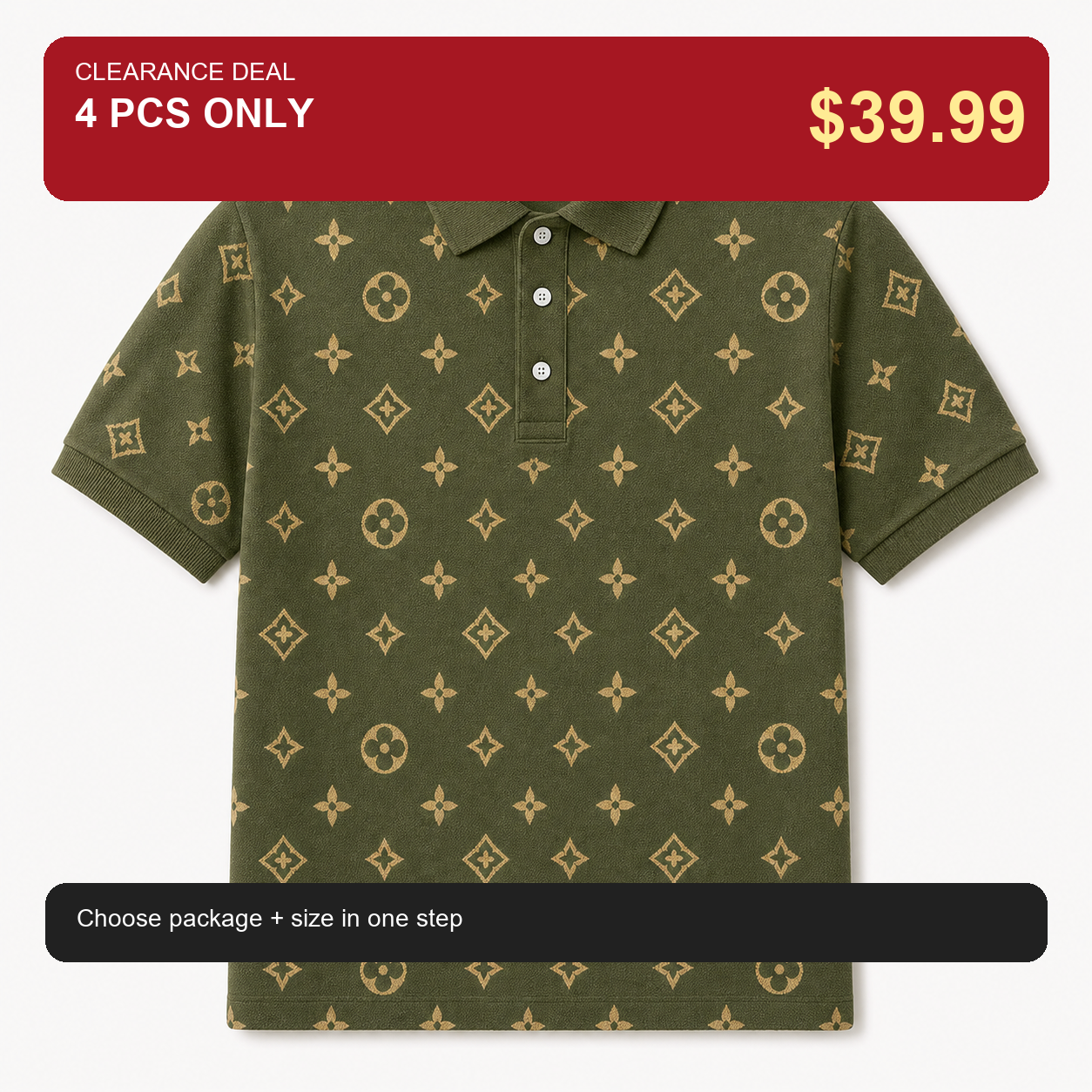 🔥CLEARANCE SALE🔥 Geometric Monogram Print Polo Shirt - Olive Green / 4 PCS ONLY $39.99